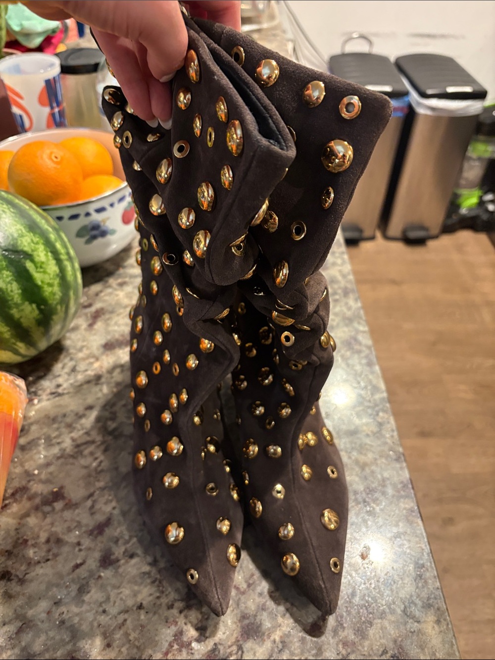 Zara Brown Suede Studded Mid-Calf Heeled Boots with Gold Eyelets